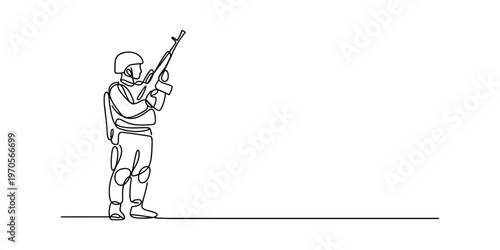A single continuous line drawing of a military soldier holding a rifle on a white background area Vector, illustration