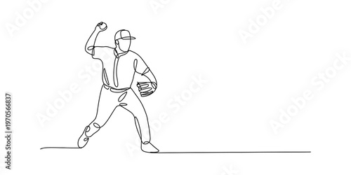Continuous single line drawing of a baseball player throwing a ball during an intense match game Vector, illustration