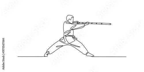 A single continuous line drawing of a person practicing martial arts with a wooden training staff Vector, illustration