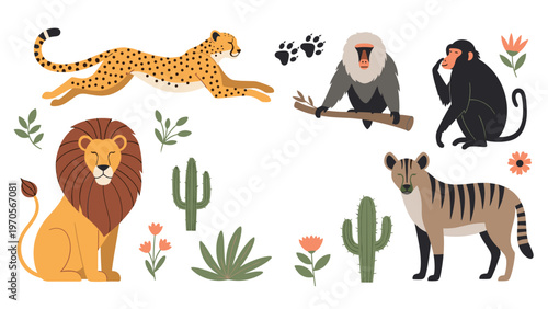 Wildlife collection featuring a cheetah lion baboon monkey hyena cactus and flowers in a flat illustration style.