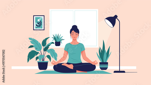 Peaceful woman sitting in a lotus pose meditating in a cozy room filled with indoor plants and warm lamp light.