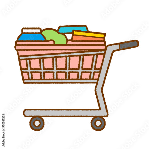 食品が入ったスーパーの買い物カートイラスト｜シンプル・生活素材