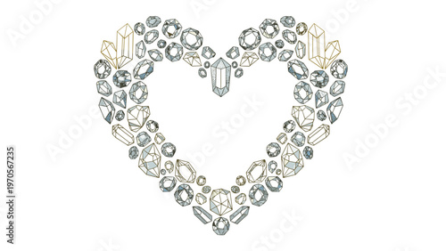 Heart shaped frame composed of various hand drawn gray and golden crystals and gemstones on white background.