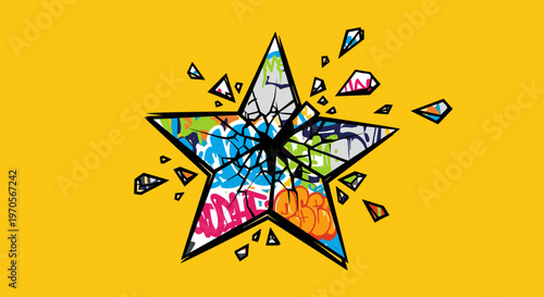 A vibrant, stylized star with graffiti art exploding into pieces on a bright yellow background, conveying a sense of dynamic energy and creativity.