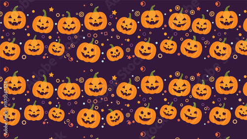 Seamless Halloween pattern of smiling orange jack o lantern pumpkins and colorful confetti on a dark purple background.