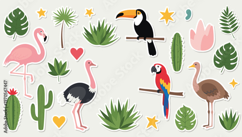 Collection of tropical themed stickers including a flamingo toucan parrot ostrich cactus and palm leaves for planners.