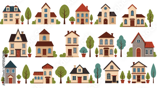 Row of various architectural styles of suburban houses and green trees against a white background for neighborhood design.