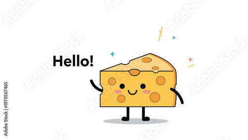 Cute cartoon character of a slice of Swiss cheese waving hello with a happy smiling face and glowing stars around it.