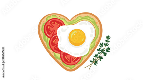 Heart shaped avocado toast topped with sliced tomatoes and a fried egg served with a sprig of fresh thyme on white.