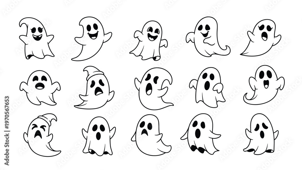 Fototapeta premium Collection of fifteen different cartoon ghost characters with various funny expressions in black and white line art.