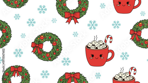 Seamless Christmas pattern of cute red mugs filled with hot chocolate and marshmallows alongside evergreen wreaths.
