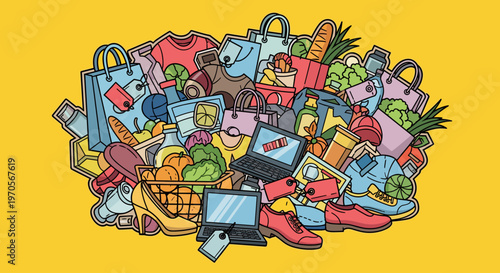 A colorful illustration of a chaotic pile of shopping bags, food, clothes, and electronics on a bright yellow background.