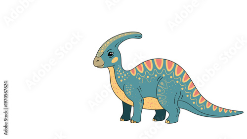 Detailed illustration of a colorful blue and yellow parasaurolophus dinosaur standing against a plain white background.