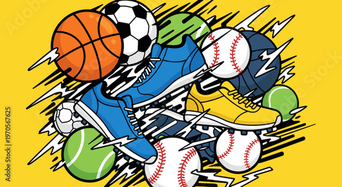 A vibrant cartoon illustration of various sports balls and shoes, conveying energy and excitement, perfect for marketing sports-related products or se