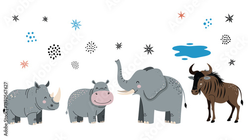 Group of cute illustrated safari animals including a rhino hippo elephant and wildebeest on a clean white background.