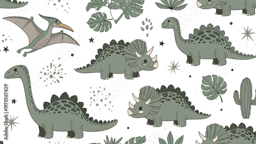 Seamless pattern featuring various types of green dinosaurs like triceratops and brontosaurus with palm leaves.