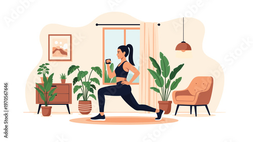 Woman in black sportswear performing a lunge exercise in a cozy living room filled with many green potted plants.