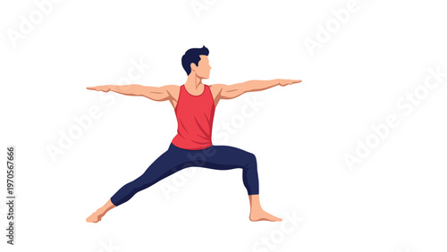 Man in a red tank top and dark leggings practicing a yoga warrior pose against a plain white background for fitness.