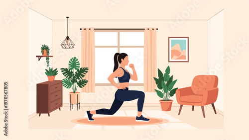 Young woman practicing fitness exercises by performing lunges in a cozy modern living room interior with home plants.