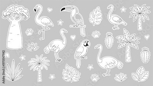 Set of tropical animal and plant sticker illustrations including flamingos, toucans, parrots, and palm trees on gray.