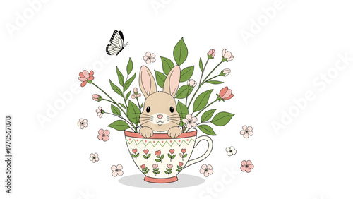 Cute illustration of a small rabbit peeking out of a floral teacup surrounded by blooming branches and a butterfly.