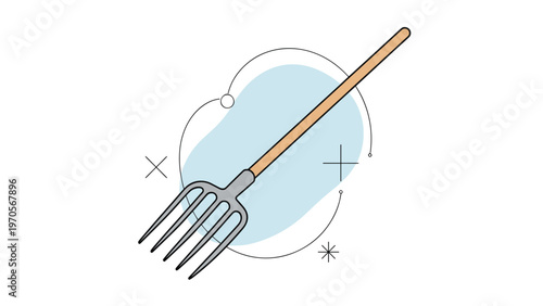 Garden pitchfork icon in clean line art style with a wooden handle and circular blue decorative background element.