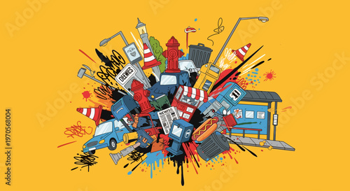 A vibrant illustration depicting a chaotic city scene with various objects flying through the air, conveying a sense of dynamic energy and disorder.