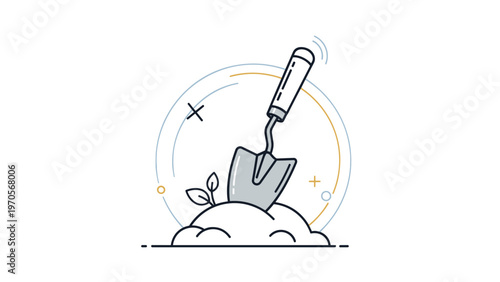Line art icon of a garden trowel digging into a pile of soil with small leaves and decorative circle elements.