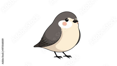 Cute illustration of a small round bird with gray and cream feathers and pink cheeks isolated on white background.