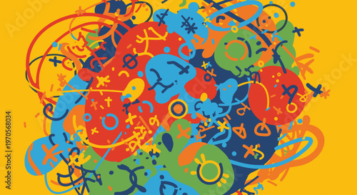 A colorful abstract art piece with swirling shapes and symbols on a bright yellow background, evoking a sense of creativity and playfulness.