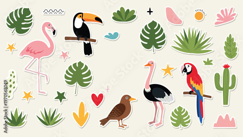 Colorful collection of tropical bird and plant sticker designs including flamingo, toucan, parrot, and various leaves.