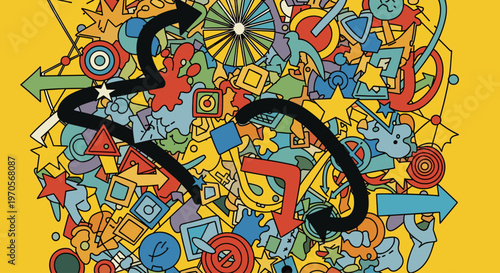 A colorful and dynamic illustration representing business concepts, perfect for marketing materials or website backgrounds to convey innovation and cr