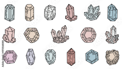 Assortment of hand drawn crystal and mineral cluster illustrations in soft pastel colors isolated on white.
