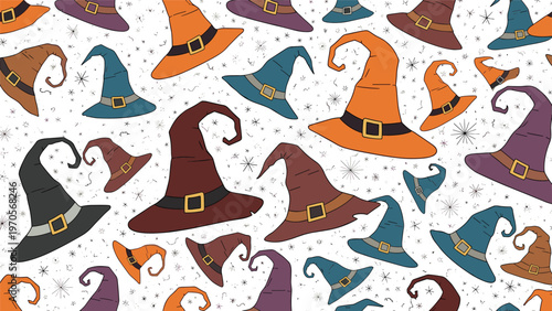 Spooky Halloween pattern featuring a variety of colorful witches' hats with buckles scattered over a starry background.