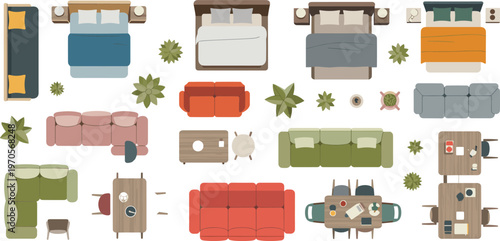 Flat Vector Illustration Set of Top View Interior Furniture Icons Including Beds Sofas Dining Tables and Potted Plants