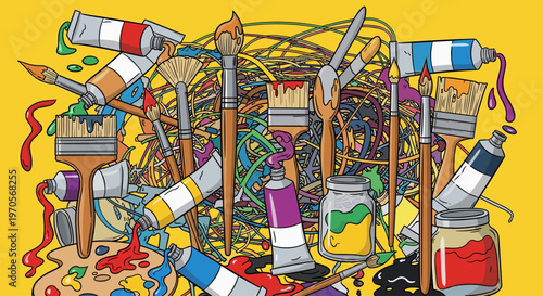 A playful illustration of paintbrushes, tubes, and jars in a messy, colorful arrangement, evoking creativity and artistic expression.