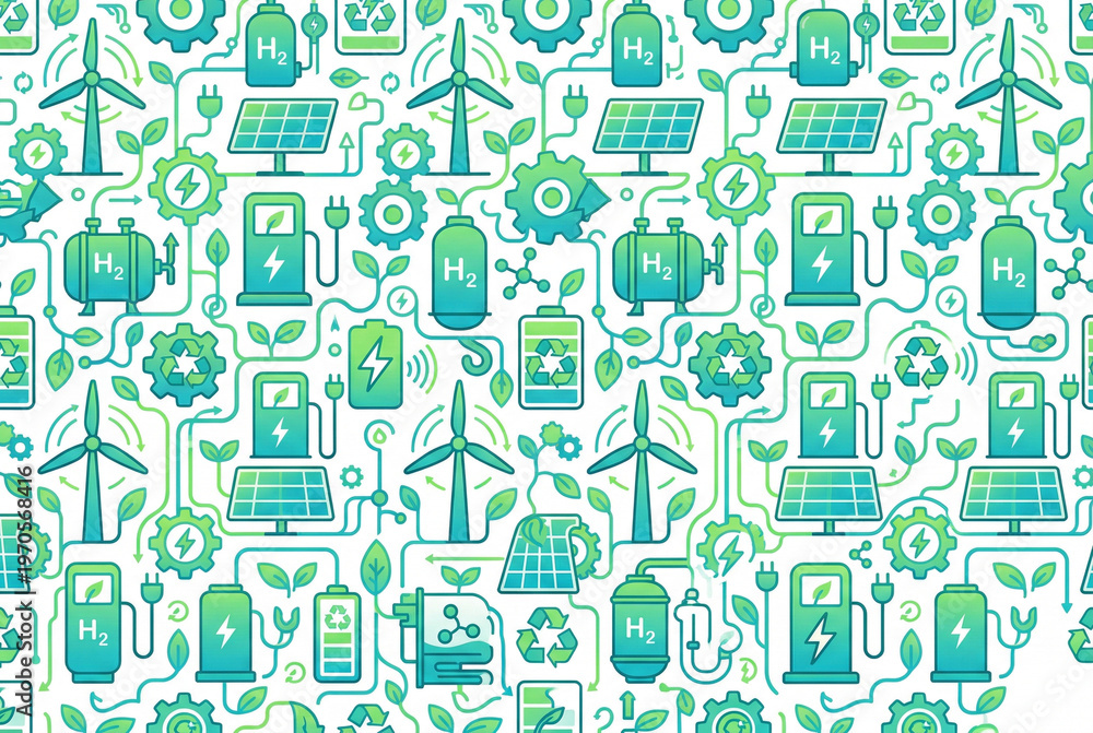 Obraz premium Seamless Flat Vector Pattern of Green Sustainable Technology Renewable Energy EV Solar