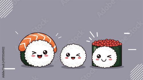 Set of three adorable sushi and rice ball characters with happy smiling faces and red cheeks isolated on a dark gray background.