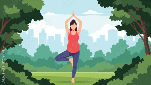 Young woman practicing yoga tree pose in a green public park with city buildings and skyscrapers in the background for health.