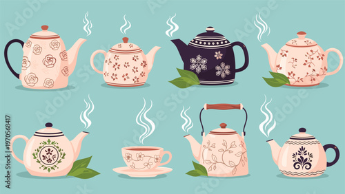 Set of vintage decorative teapots with floral patterns and a matching teacup with steam and green leaves on a teal background.