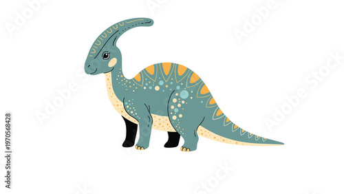 Colorful illustration of a Parasaurolophus dinosaur with decorative patterns and dots isolated on a plain white background.