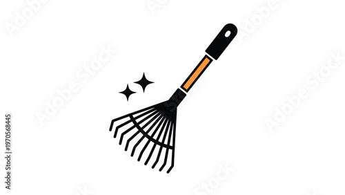 Garden leaf rake tool icon with a black head and wooden handle for autumn yard cleaning isolated on a white background.