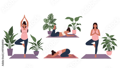 Group of diverse women practicing different yoga poses with large indoor plants on a white background for health and wellness.