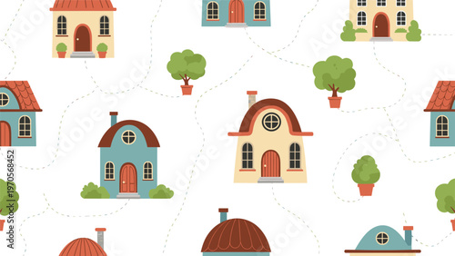 Whimsical seamless pattern with cute colorful little houses, potted trees and dotted paths for nursery room wallpaper.