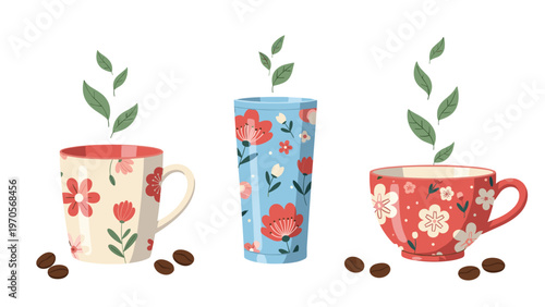 Collection of decorative mugs and a tall glass with colorful floral designs and roasted coffee beans isolated on white.