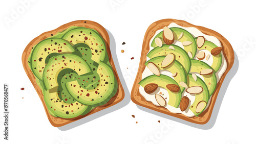 Healthy breakfast featuring two slices of toast with sliced fresh avocado, spices, cream cheese and almonds for a balanced meal.