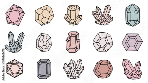 Set of different colorful crystals, gems and minerals with various geometric shapes and structures for jewelry or gemology.