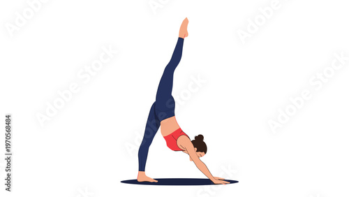 Fitness woman practicing three legged downward dog yoga pose for strength, balance and flexibility on a yoga mat isolated on white.