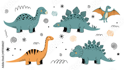 Set of hand drawn colorful dinosaurs including Brontosaurus, Triceratops, Stegosaurus and Pterodactyl with abstract shapes.