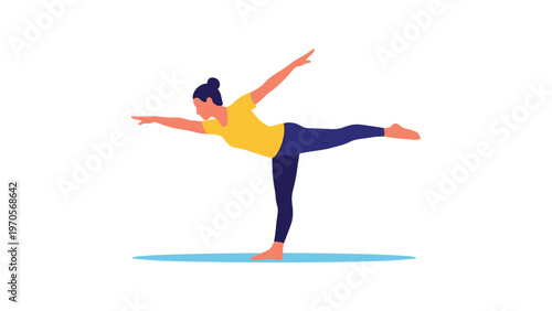 Young woman practicing warrior III yoga pose for balance and core strength on a white background for health and fitness.